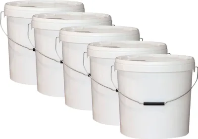 Zdjęcie produktu dla 5 sztuk białych pojemników na miód o pojemności 25 kg, pojemniki z tworzywa sztucznego o pojemności 20 l z pokrywką, bez nadruku, przeznaczone do kontaktu z żywnością, z metalowym uchwytem