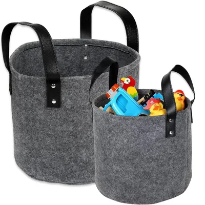Productafbeelding van 2 stuks vilten mand, donkergrijs, rond, inklapbare stoffen draagmand, groot