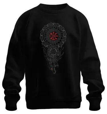Produktbild von Vegvisir Fenrir Valknut Nordisch Runen Wolf Mythologie Sweatshirt Pullover, Schwarz, XXL
