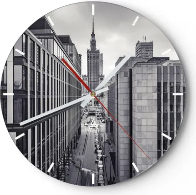 Produktbild von Wanduhr - Rund - Glasuhr - Warschau Palast Kultur - 30x30cm - Schleichendes Uhrwerk - Lautlos - zum Aufhängen bereit - Dekoration Modern - Wanddekoration aus Glas - C3AR30x30-4382