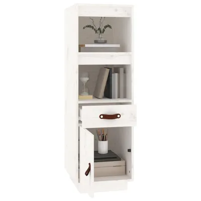 A tall, narrow white wooden cabinet with shelves, a drawer, and a lower cabinet.