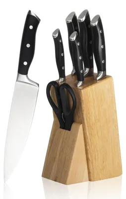 7-teiliges Messerset mit Block, Edelstahlklingen, Eichenholz