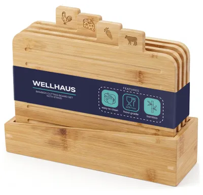 Image de Ensemble de 4 planches à découper en bambou WELLHAUS avec support, pour une hygiène optimale
