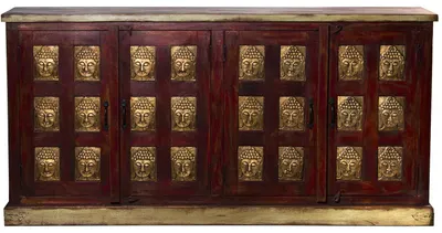 Dressoir 4-türig aus Holz, rot/gold/natur, 180x40x90 cm