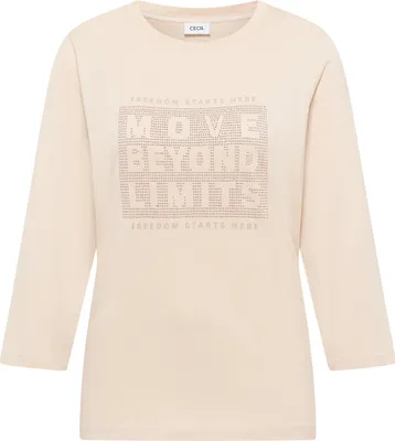 Produktbild von CECIL Damen Shirt mit Schmucksteinen pearl beige 3/4 Arm U Boot