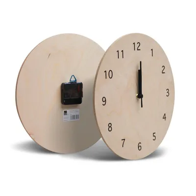 Two wooden clocks are shown against a white background. One clock is facing forward with its hands visible, while the other is turned to show its back with the clock mechanism.