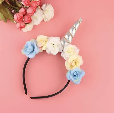 Immagine prodotto di CHPN - Diadema a forma di unicorno - Fascia per capelli a forma di unicorno - Diadema con fiori e corno - Corno argentato - Festa per bambini - Regalo - Argento - Diadema con fiori