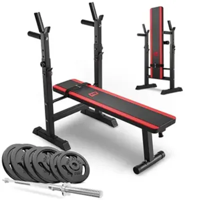 Produktbild von Hop-Sport HS-1080 klappbare Hantelbank mit Gewichten Sets 69kg– Hantelsets mit Langhantel, Hantelscheiben aus Gusseisen