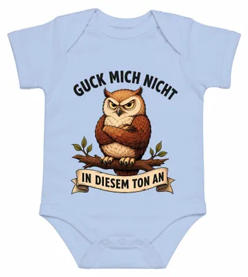 Imagen del producto de No me mires así, búho. Expresión: enojado, malhumorado. Camiseta para bebé, color azul claro, talla 3/6 meses
