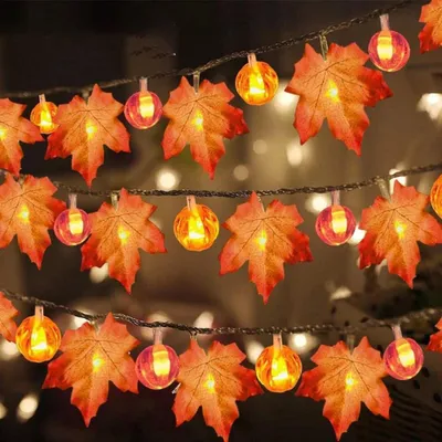 Productafbeelding van Halloween-slingers met pompoen- en esdoornblaadjes, warmwitte LED-verlichting, batterijbediend, voor Thanksgiving, Halloween-decoratie, thuisfeestjes, 3 meter, 20 LED's