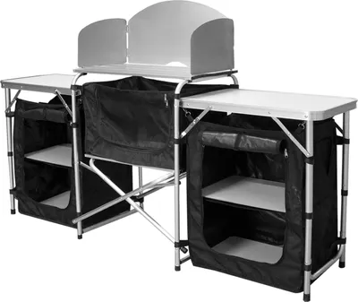 Produktbild von SWANEW Campingküche Campingausrüstung Campingtisch, Campingküche, mit Windschutz, Tasche, Küchenbox, Aluminiumgestell, Zeltschrank, ca. (L) 164.5 cm x (B) 52 cm x (H) 104 cm,Tragbar,Faltbar