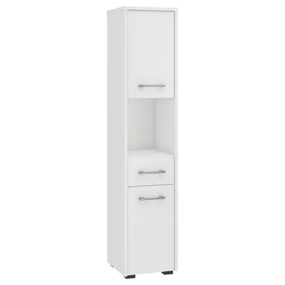 A tall, narrow white cabinet with one door at the top, an open shelf below it, two drawers, and another door at the bottom.