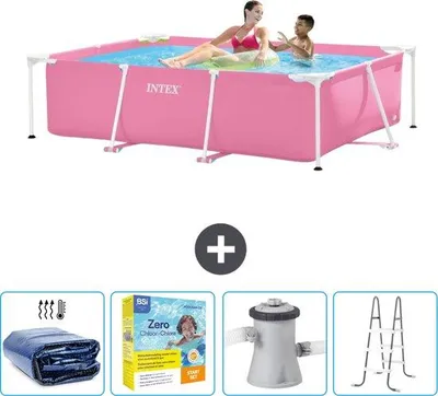 Produktbild von Rechteckiges Schwimmbecken - 220 x 150 x 60 cm - Rosa - Mit Sonnensegel - Inklusive Reinigungspaket - Schwimmbeckenpumpe - Leiter