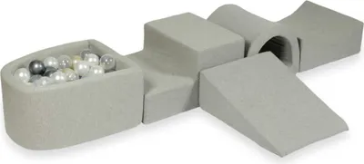 Produktbild von Schaumstoff-Spielset mit Brücke und Mikro-Bällepool – hellgrau mit Bällebadbällen 100 Stück / Hellgold, Perlmutt, Silber, Transparent