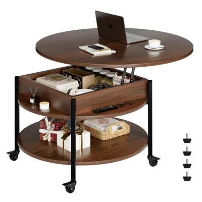 Produktbild von FABATO Runder höhenverstellbarer Couchtisch mit Rädern & Staufach – 26,77 Zoll (ca. 68 cm), 2-stufig, auch als Esstisch nutzbar, in Espresso