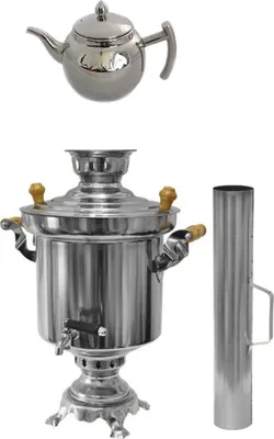 Produktbild von Edelstahl Holzkohle Samowar 5 Liter mit Schornstein + 1 Liter Design Edelstahl Teekanne mit Sieb