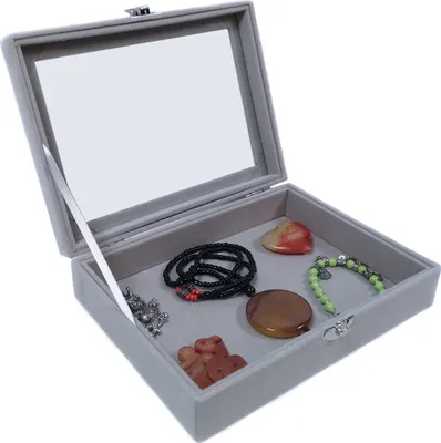 Produktbild von Schmucktablett Schmucklade Schmuckkästchen mit Glasdeckel grau ohne Aufteilung