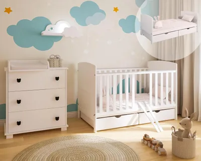 Produktbild von ZEE Set Weiß Babybett mit Schubladen & Wicklekommode 140x70 cm PHILIP 3in1 Kinderbett umbaubar Juniorbett höhenverstellbar Holz