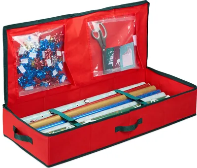 Immagine prodotto di Scatola porta carta da regalo Relaxdays, 2 tasche interne per nastri da regalo, Natale, compleanno, rosso/nero
