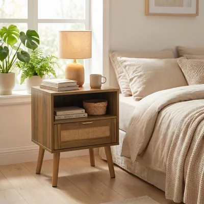 Produktbild von Nachttisch aus Rattan in Walnussoptik, Nachttisch im Boho-Stil mit offenem Regal, Nachttisch im Mid-Century-Modern-Stil mit goldenen Griffen