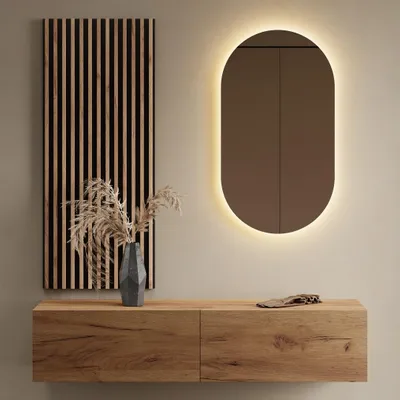 Produktbild von Flurgarderobe 140 cm mit Wandpaneele und Spiegel mit LED-Beleuchtung gold eiche
