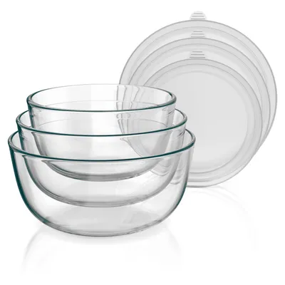Produktbild von Arendo Salatschüssel mit Deckel, Set, 3x Glasschüsseln 0,7L / 1,1L / 1,5L, Glas Rührschüssel, Glas, (3er Set, 3-tlg), Glasschale, BPA-frei, spülmaschinengeeignet & mikrowellengeeignet