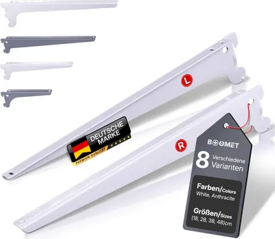 Produktbild von BOOMET Regalträger Set für Wandschienen · Länge: 38cm Menge: 4 · Farbe: Weiß Regalhalterung für Wandregal Metall Regalsystem Regalwinkel Regalhalter
