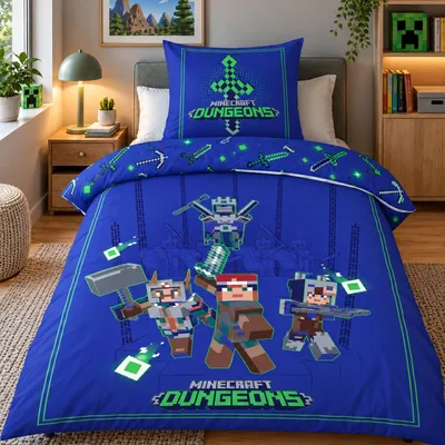 Produktbild von Minecraft Bettwäsche 135x200 80x80cm 2-tlg. Set Dungeons Blau 100% Baumwolle mit Reißverschluss