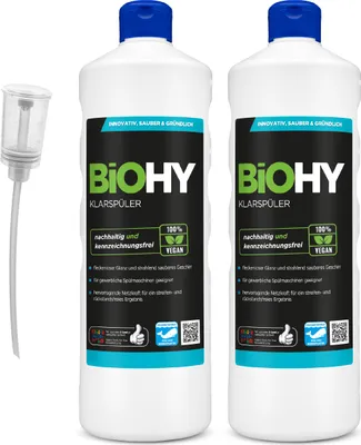Produktbild von BiOHY Klarspüler (2x1l Flasche) + Dosierer | Ökologisches Hochkonzentrat | Geeignet für alle (gewerblichen) Spülmaschinen, für unschlagbaren Glanz auf Gläsern & Geschirr |logisch abbaubar