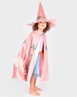 Image de Den Goda Fen Costume de sorcière set cape et chapeau rose 3-8 ans velours satin