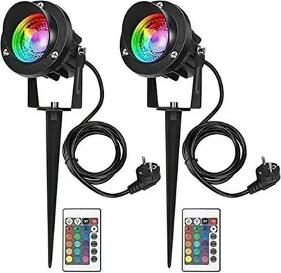 Produktbild von 10-W-RGB-LED-Außenstrahler mit Erdspießen, IP65 wasserdichte Gartenleuchten, 2er-Pack