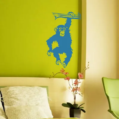 Produktbild von Wandtattoo - Wandaufkleber - Wandtattoo "Schimpanse" - 45cm x 27cm hellblau - Dekoration Küche Wohnzimmer Wand