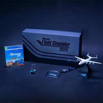 A collection of Microsoft Flight Simulator 2024 collector's edition items, including the game box, a model airplane, and accessories, displayed on a dark surface.