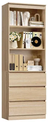 Produktbild von Bücherregal mit 3 Schubladen und 3 Fächern 180 cm Bücherschrank Vitrinenschrank Hochschrank Mehrzweckschrank 60 x 35 x 180 cm Eiche