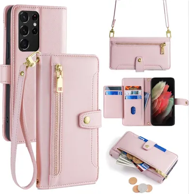 Produktbild von Handykette Samsung Hülle mit Band Handyhülle Kartenfächer Kunstleder Umhängetasche Galaxy S21 Ultra Rosa