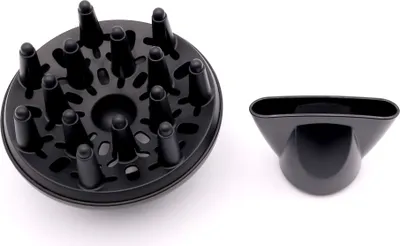 Two black hair dryer attachments, a diffuser and a concentrator nozzle, are shown on a white background.