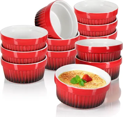 Produktbild von com-four® 12x Ragout Fin Schale - Ofenfeste Förmchen in rot - Creme Brulee Schälchen - Dessertschale mit je 250 ml - spülmaschinengeeignet