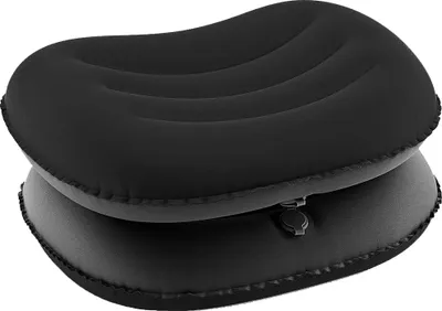 A black inflatable camping pillow is shown against a white background.