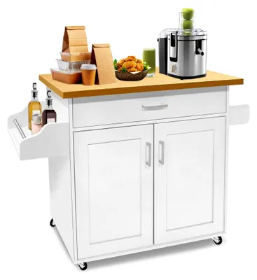 Produktbild von Küchenwagen Küchenschrank Weiß mit Rollen und Arbeitsplatte, Servierwagen Kücheninsel aus Holz mit Handtuchhalter und Gewürzboard, 115x90x36cm