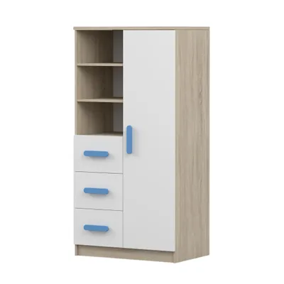 A product shot of a children's bookshelf with drawers and a door.