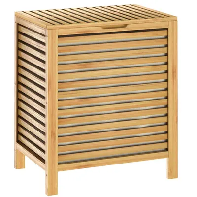 A freestanding bamboo laundry basket with a slatted design and a lid.