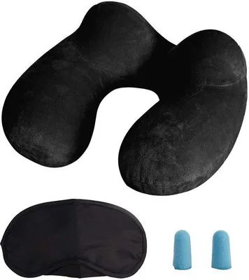 Image de Ibenzoa® Coussin de voyage gonflable ergonomique – Support cervical et crânien à 360°, housse en velours antibactérien, housse amovible et lavable, inclut un masque de sommeil et des bouchons d'oreille, idéal pour la voiture, l'avion ou le train