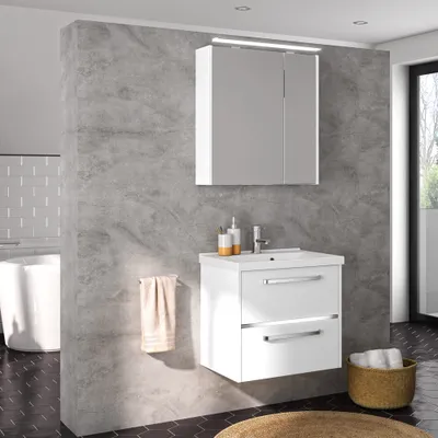 Produktbild von Badezimmer-Waschplatz FES-3050-66 Unterschrank in Hochglanz weiß, Mineralgussbecken inkl. LED - B/H/T: 66/200/43cm
