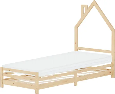 Obrázok produktu pre ML-Design detská posteľ domček 90x200 cm prírodná s matracom H:10cm, detská posteľ domček, drevená posteľ s lamelovým roštom, komínový dizajn, masívne borovicové drevo