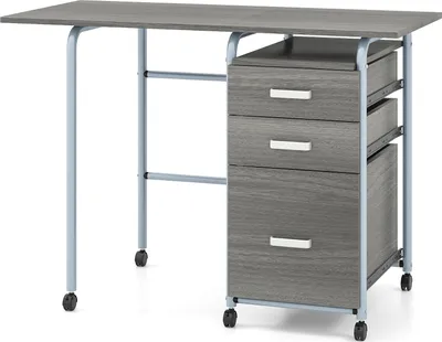 Immagine prodotto di COSTWAY 105x50x75cm Scrivania pieghevole per computer con 3 cassetti, ruote e struttura in metallo, scrivania salvaspazio per ufficio, scrivania pieghevole grigia