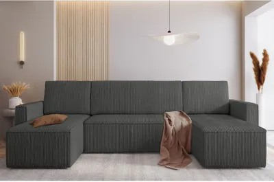 Produktbild von Easy4You Ecksofa Mimir Kord in U-Form 303 x 80 x 145 cm mit Schlaffunktion und Bettzeugbehälter - Schlafsofa mit Bettkasten - Eckcouch mit Stauraum - Stoff: POSO 34
