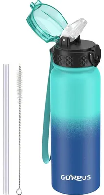 Produktbild von Edelstahl Wasserflasche mit Strohhalm 600ml Grün Blau BPA-frei Vakuum-isoliert