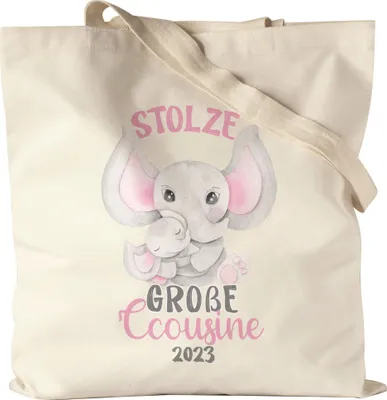 Produktbild von Stolze Große Cousine 2023 Stoffbeutel Jutebeutel Canvas Family Familienzusammenhalt Geborgenheit Beschützerin Cousinen Liebe Elefanten