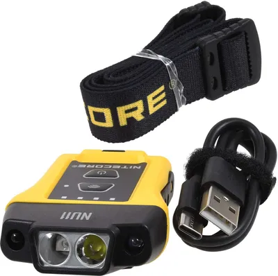 A Nitecore NU11 150lm USB-C-Stirnlampe with its accessories.