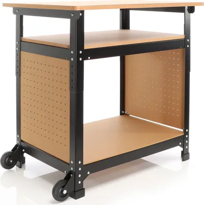 Produktbild von XPOtool Mobilný pracovný stôl 69 x 51 x 66 - 82 cm, výškovo nastaviteľný pracovný stôl, pracovný stôl s 2 kolieskami, 2 policami a perforovanou bočnicou